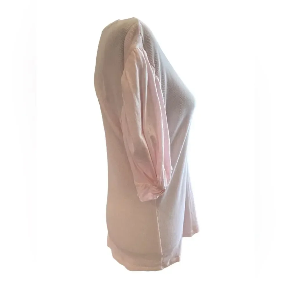 1.STATE  Puff Sleeve Knit blouse / Sz Large / REVOLVE 100% Cotton Pink Ribbed - Picture 4 of 6